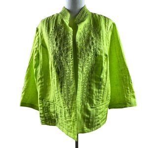 Chico’s Lime Green Linen Embroidered Open Front Lightweight Jacket Size 3 (XL)